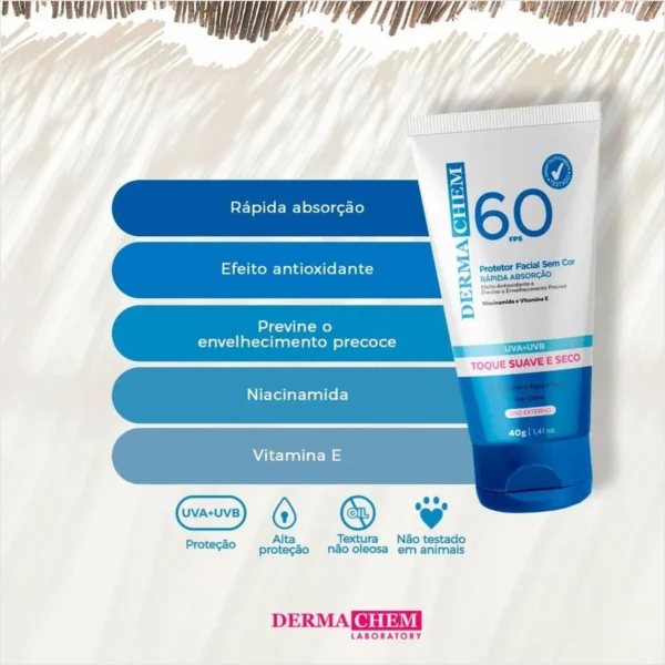 Protetor Solar Rosto Fps 60 Sem Cor 40g Dermachem - Imagem 3